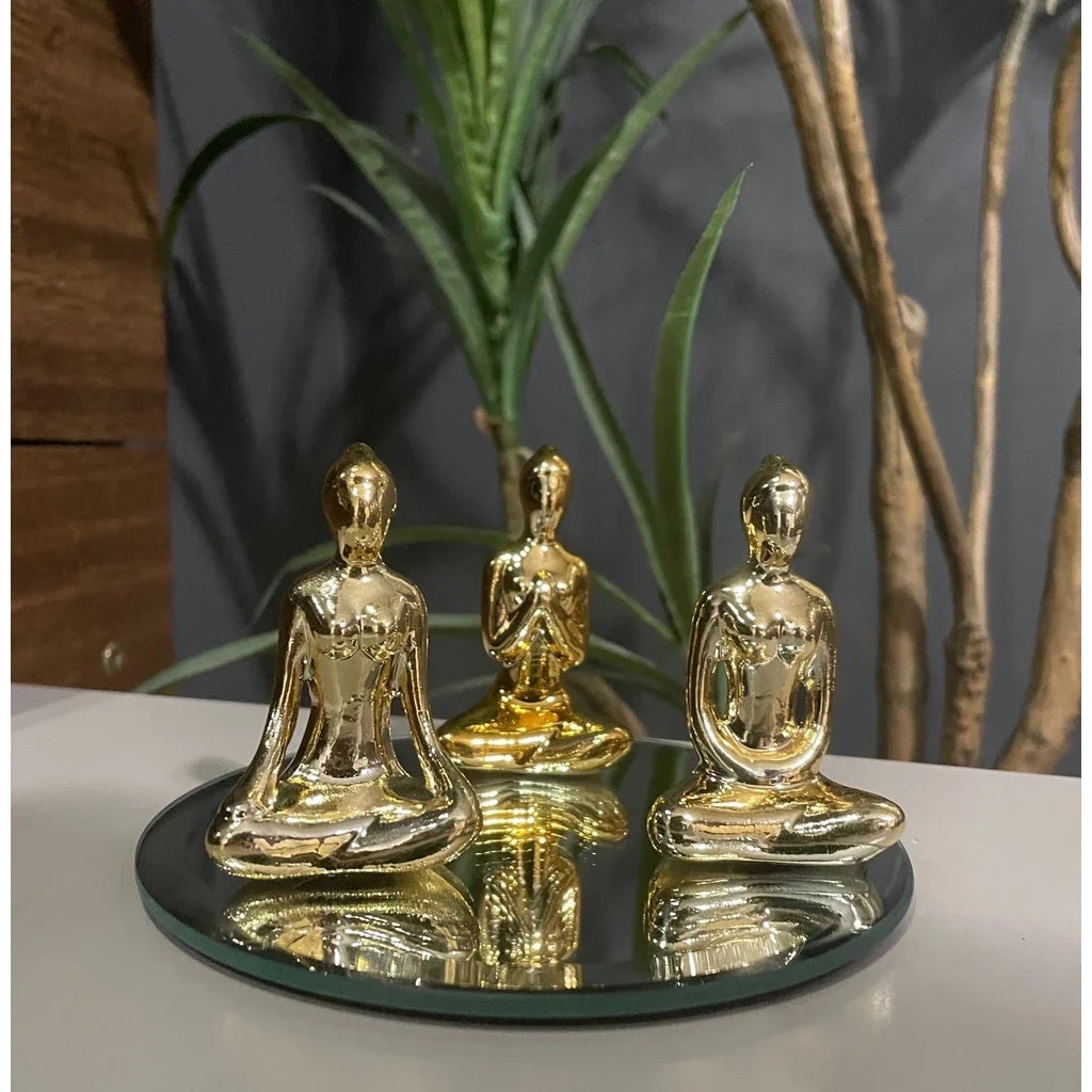 Estátuas Meditação & Yoga 6cm + Bandeja Espelhada