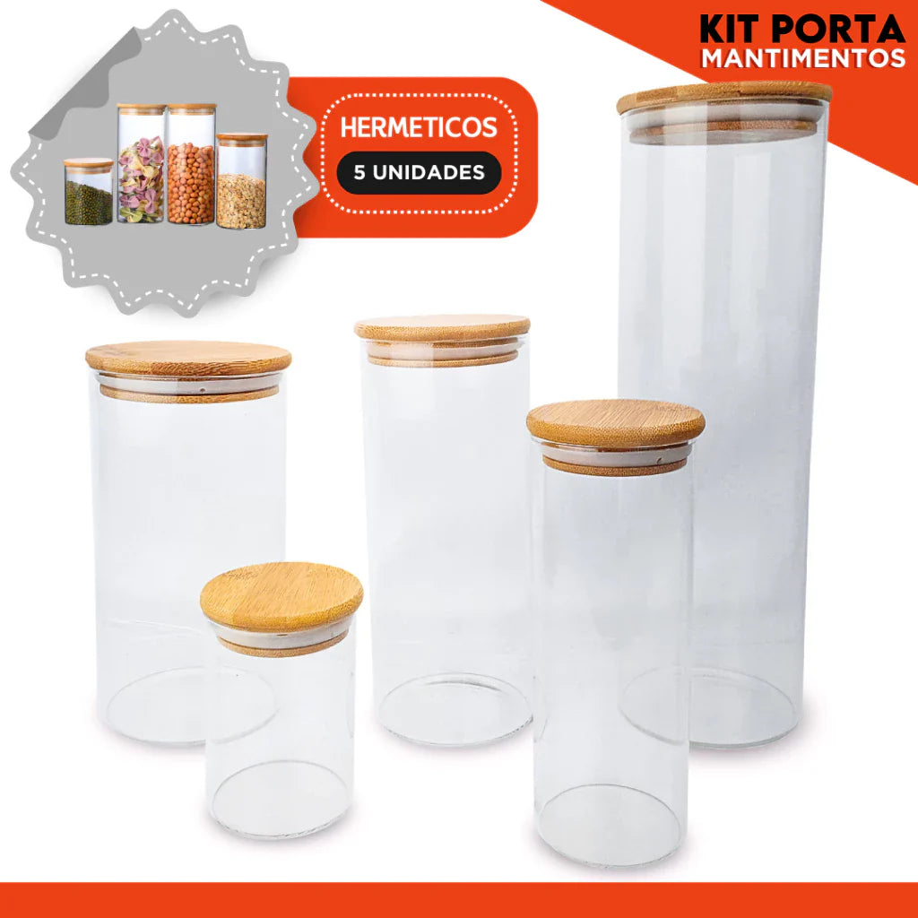 Potes de Vidro com Tampa de Bambu Oikos - 5 Pçs