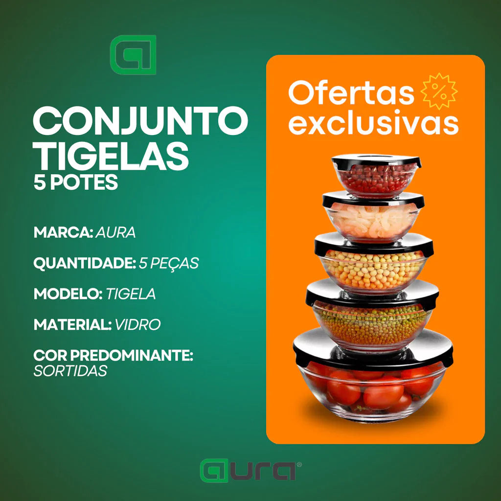 Kit Conjunto De Potes 5 Peças - Vidro Resistente
