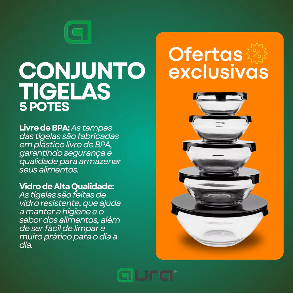 Kit Conjunto De Potes 5 Peças - Vidro Resistente