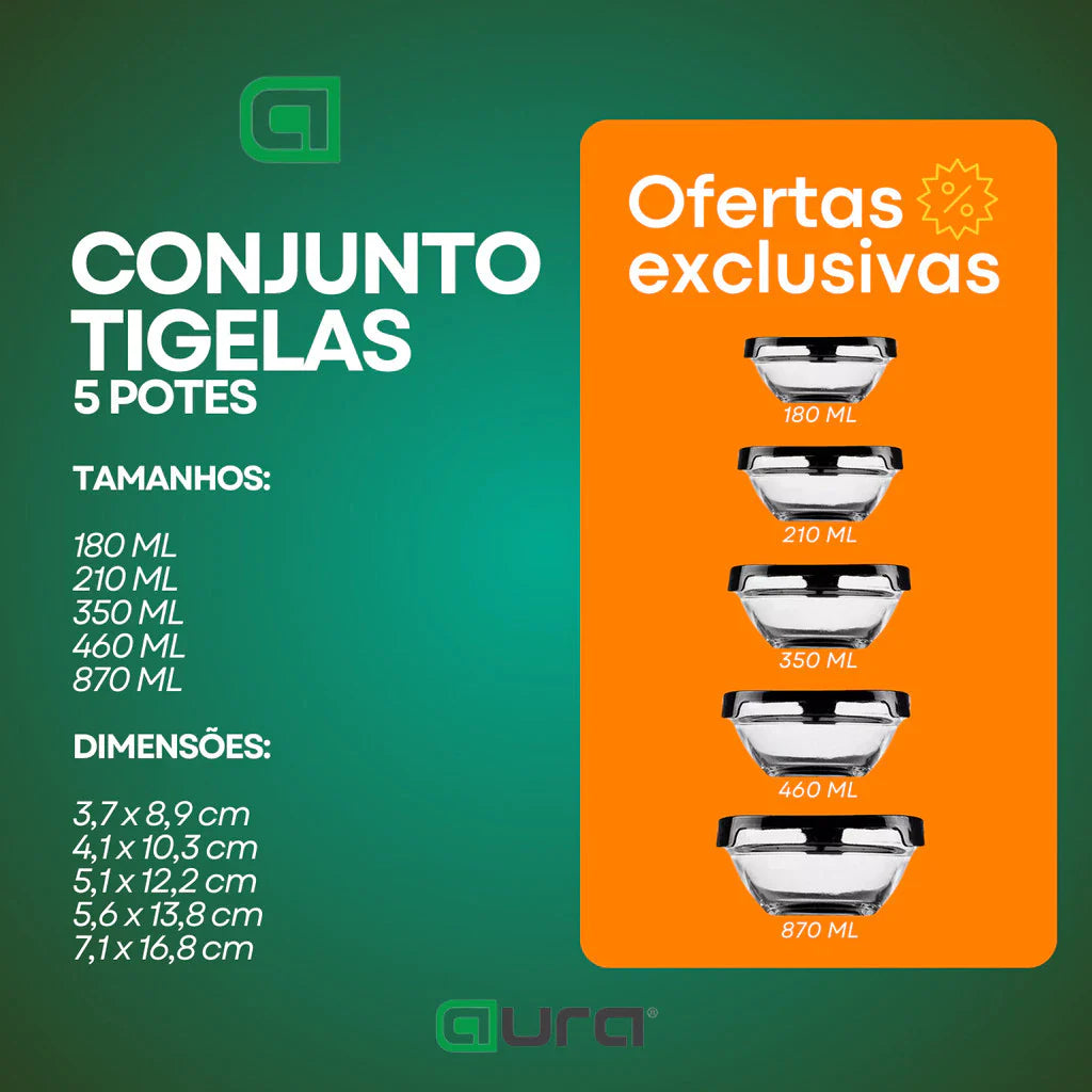 Kit Conjunto De Potes 5 Peças - Vidro Resistente