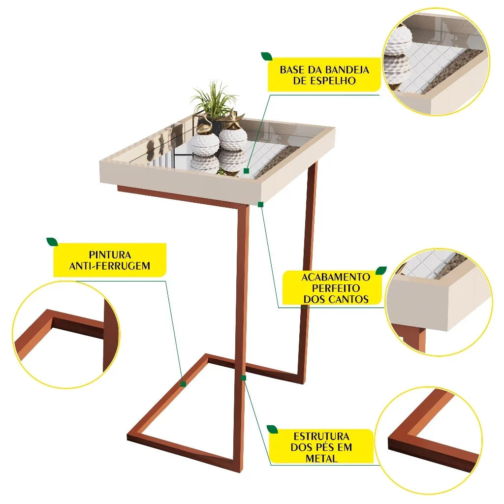 Mesa Lateral de Apoio com Espelho e Pé de Aço